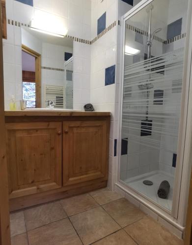 La salle de bains est pourvue d'une cabine de douche en verre. dans l'établissement Slemish Apartment, à Morzine
