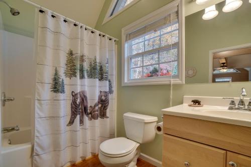 a bathroom with a toilet and a shower curtain at Enchanted Forest Cottage with Hot Tub! in Hiawassee
