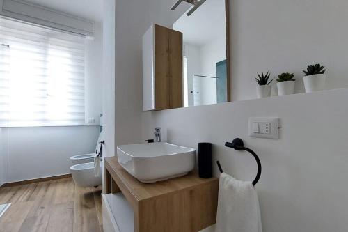 bagno con lavandino, servizi igienici e specchio di appartamento Enrica a Lovere