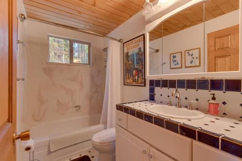 uma casa de banho com um lavatório, um WC e um chuveiro em Holly House on the West Shore - New Hot Tub, Wood Fireplace, Near Skiing em Tahoe City