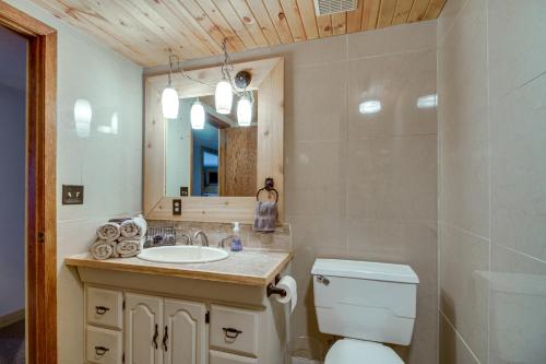ein Badezimmer mit einem WC, einem Waschbecken und einem Spiegel in der Unterkunft Waterfront Brainerd Cabin with Rice Lake Access! in Brainerd