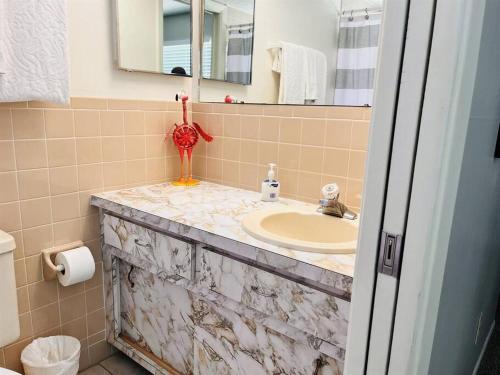 a bathroom with a sink and a mirror at Beach, Sand, Firepit and Pool in Clearwater Beach