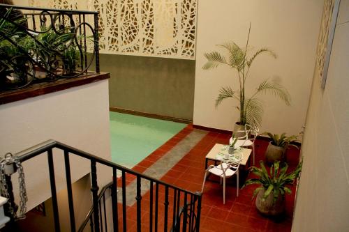 um corredor com vasos de plantas e um estojo de escadas em Gardi Hotel & Suites em Buenos Aires