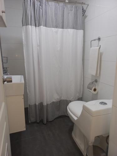a bathroom with a white toilet and a shower curtain at Hotel Cocó Cochoa in Viña del Mar