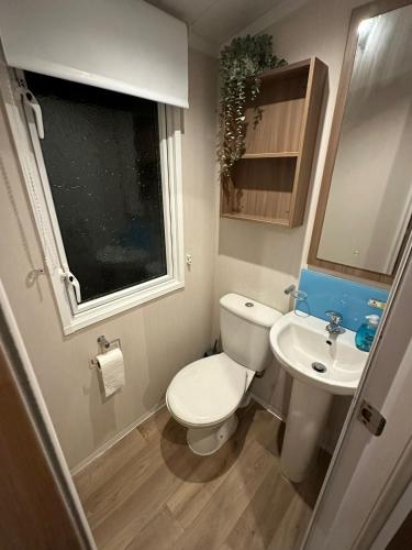 małą łazienkę z toaletą i umywalką w obiekcie Luxurious 6 Berth Swift Bordeaux on Lyons Robin Hood Rhyl w mieście Meliden