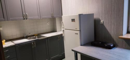 kuchnia z białą lodówką i szarymi szafkami w obiekcie Zaciszne pokoje w Warszawie