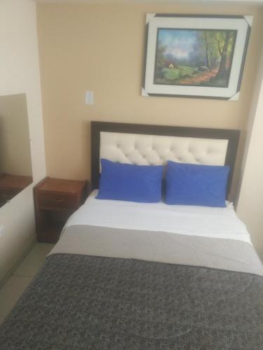 Un dormitorio con una cama con almohadas azules y una pintura en Hostal Chachani, en Zamacola