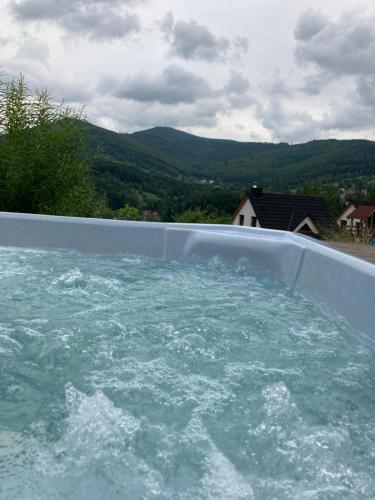 a pool of water with mountains in the background at Zawoja Nad Koroną z jacuzzi in Zawoja