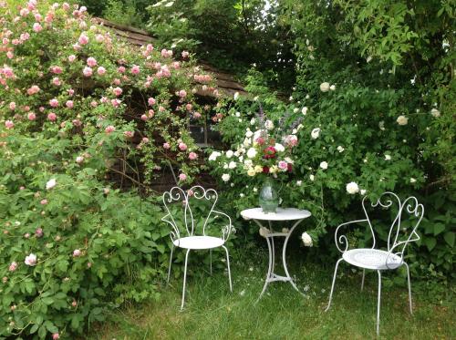 two chairs and a table in a garden with roses at Landloft Haus Probst in Schondorf am Ammersee
