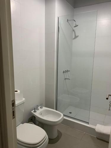 a bathroom with a shower and a toilet and a sink at Bosques de Mayo Departamento 4 in Maipú