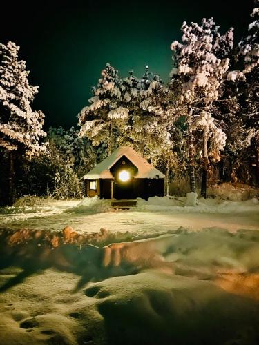 a cabin with a light in the snow at night at Camp Caroli Hobbit Hut in Jukkasjärvi