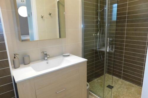 a bathroom with a sink and a shower at Gite des Perrines 