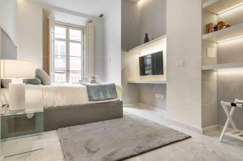 Dormitorio con cama, escritorio y TV en Luxurious apartment in center with parking by REMS, en Málaga