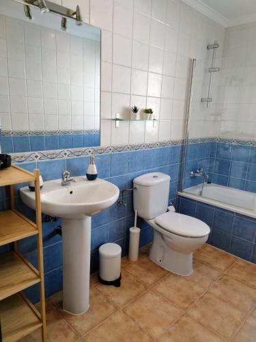 a blue and white bathroom with a toilet and a sink at Santo Cristo 11 in Frigiliana