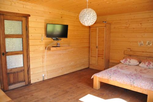 a bedroom with a bed and a tv in a cabin at Kozichky Guest House in Tatariv