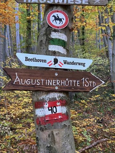 a sign on a tree with signs on it at Appartements in Wienerwald Residenz in Baden