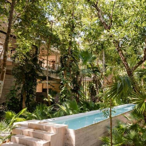 a swimming pool in a garden with trees and a building at Tortuga Azul Private Terrace Rooftop Pool W BBQ Beach Access 11 Pools Free Beach Club in Akumal