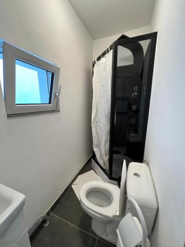 uma casa de banho com um WC, um lavatório e uma janela em Chez nous em Liège
