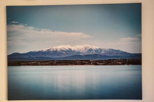 a large body of water with a mountain in the background at Appartement chaleureux, proche de la gare in Perpignan