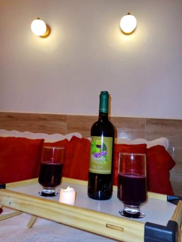 a bottle of wine and two glasses on a table at Cabanas Privativas com Jacuzzi, Cozinha, Churrasqueira e Decoração - Sitio Pauletto in Jarinu