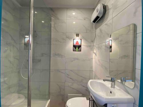 La salle de bains est pourvue d'un lavabo, d'une douche et de toilettes. dans l'établissement Nostalgie 90- emplacement idéal- parking gratuit, à Boulogne-sur-Mer