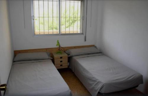 2 camas en una habitación pequeña con ventana en Apartamento 1ª linea de mar, en Sant Carles de la Ràpita