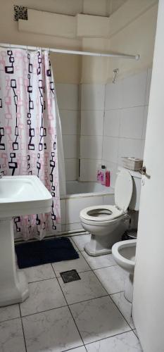 een badkamer met een wastafel, een toilet en een douchegordijn bij PLENO CENTRO Y MUY AMPLIO in Mendoza