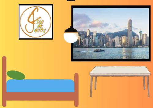 a living room with a table and a view of a city at IGC HK Hotel in Hong Kong