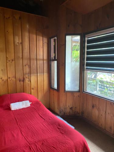 1 dormitorio con 1 cama roja y 2 ventanas en Hostal Pelluco, en Llanquihue