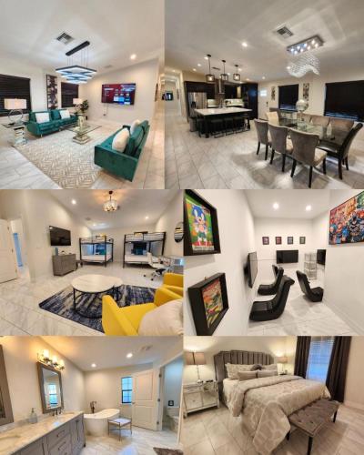 a collage of four pictures of a living room and dining room at The Villa Orlando College Park Sleeps16 - Monthly Stays in Orlando