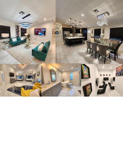 a collage of three pictures of a living room and dining room at The Villa Orlando College Park Sleeps16 - Monthly Stays in Orlando