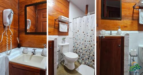 Duas fotografias de uma casa de banho com WC e lavatório. em Cabaña Colibrí em Quesada