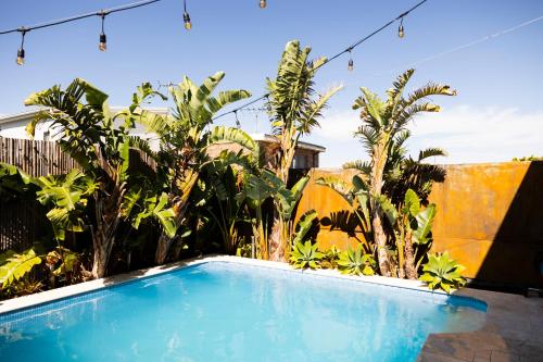 a blue swimming pool in a yard with trees at Resort Style home close to the Beach with Pool, Sauna and Pizza Oven in Sydney