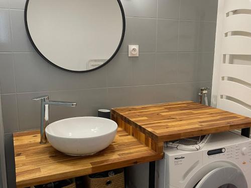 a bathroom with a sink and a washing machine at Gîte charmant proche des Châteaux de la Loire avec jardin privatif et parking. - FR-1-410-426 in Chahaignes