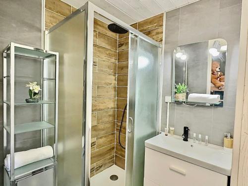 une salle de bain avec douche et lavabo dans l'établissement Studio rénové pour 4 à Tignes, proche des pistes et commerces - FR-1-411-911, à Tignes
