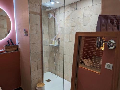 een badkamer met een douche en een glazen deur bij Le Champ des Sources in Langres