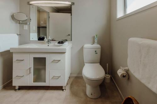 uma casa de banho com um WC, um lavatório e um espelho. em Salt Life Oakura Beach em Oakura