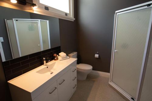 ein Badezimmer mit einem Waschbecken, einem WC und einem Spiegel in der Unterkunft Stay Central The Loft in New Plymouth