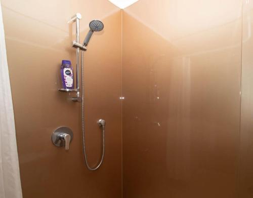 cabina de ducha con secador de pelo en la pared en The Eco Lodge Tsb Topec en Hillsborough