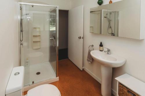 a bathroom with a shower and a sink and a toilet at Wharepuni Oakura Retreat in Tataraimaka