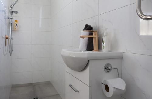 uma casa de banho com um lavatório, um WC e um chuveiro em Sunny Ark Apartment em New Plymouth
