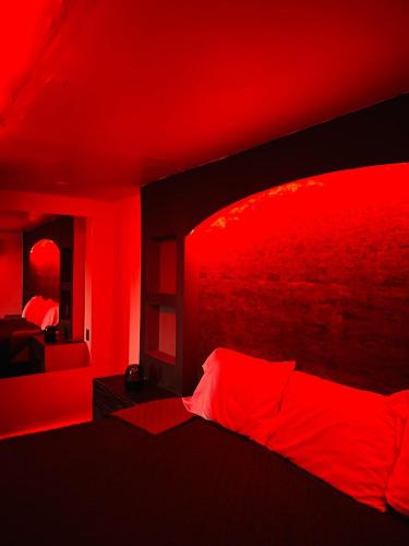 1 dormitorio rojo con 1 cama con techo rojo en Ya no tenemos servicio, en Ciudad de México