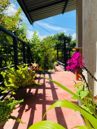 a patio with flowers and a railing at Mellow Homestay in Ella