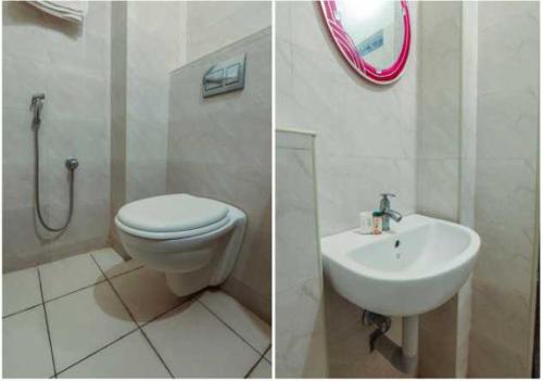 two pictures of a bathroom with a toilet and a sink at OYO BRINDAVAN BEACH RESORT & RESTAURANT 