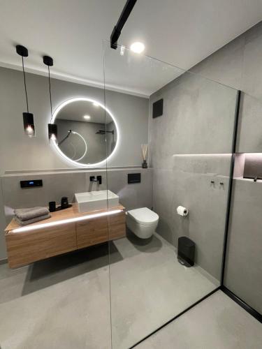 La salle de bains est pourvue de toilettes, d'un lavabo et d'un miroir. dans l'établissement Auszeit, à Sassnitz