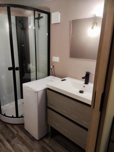 a bathroom with a white sink and a shower at Chalet 2 chambres in Les Angles