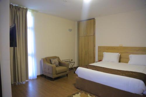 una camera d'albergo con letto e sedia di Black Horse Hotel ad Addis Abeba