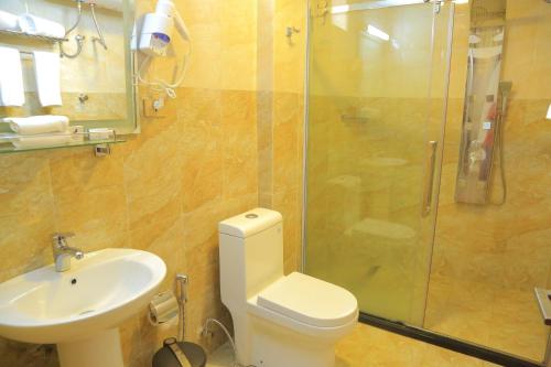 e bagno con servizi igienici, lavandino e doccia. di Black Horse Hotel ad Addis Abeba