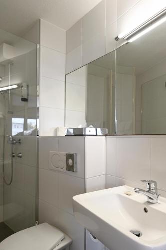 a bathroom with a sink and a toilet and a mirror at Olympia Hotel Zurich in Zürich