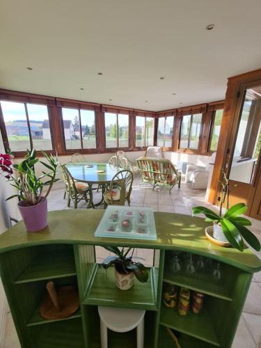 a living room with a green counter and a table with plants at Au cœur du vignoble Chablisien in Chablis